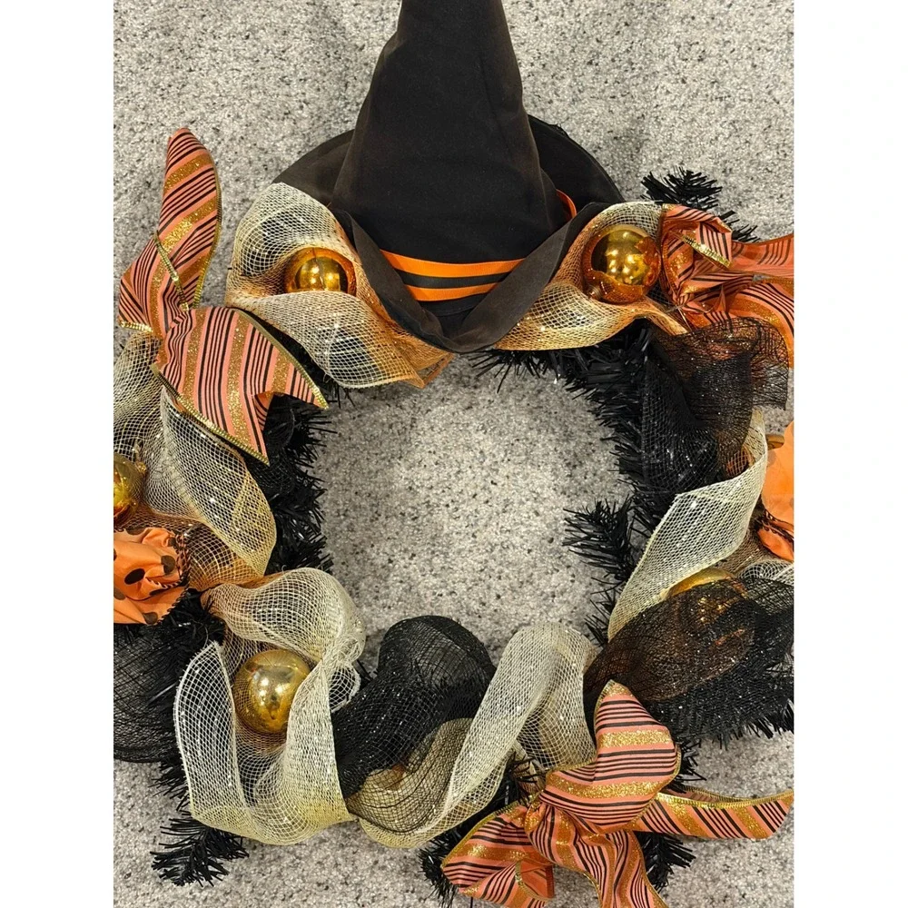 Halloween Witch Hat Wreath Black Tinsel Orange Gold Mesh Ribbon Decor 17in